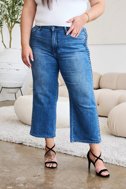 Judy Blue Full Size Braid Side Detail Wide Leg Jeans - Hatuti