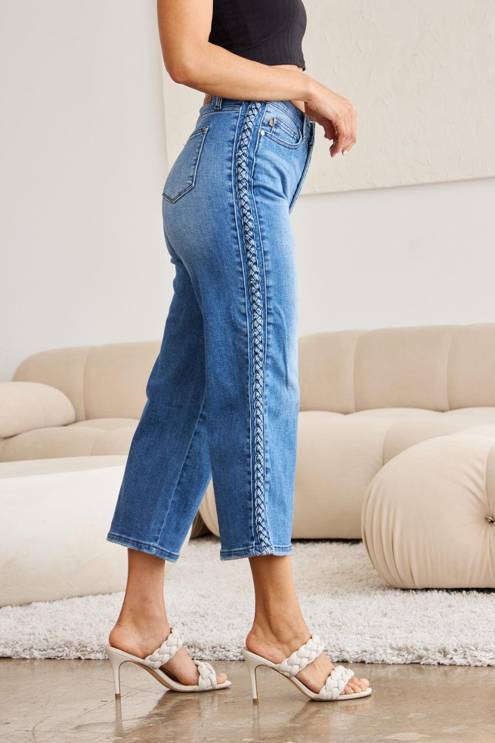 Judy Blue Full Size Braid Side Detail Wide Leg Jeans - Hatuti