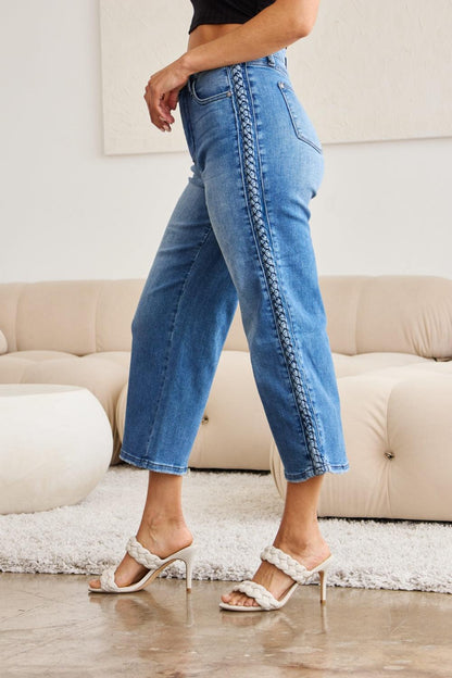 Judy Blue Full Size Braid Side Detail Wide Leg Jeans - Hatuti