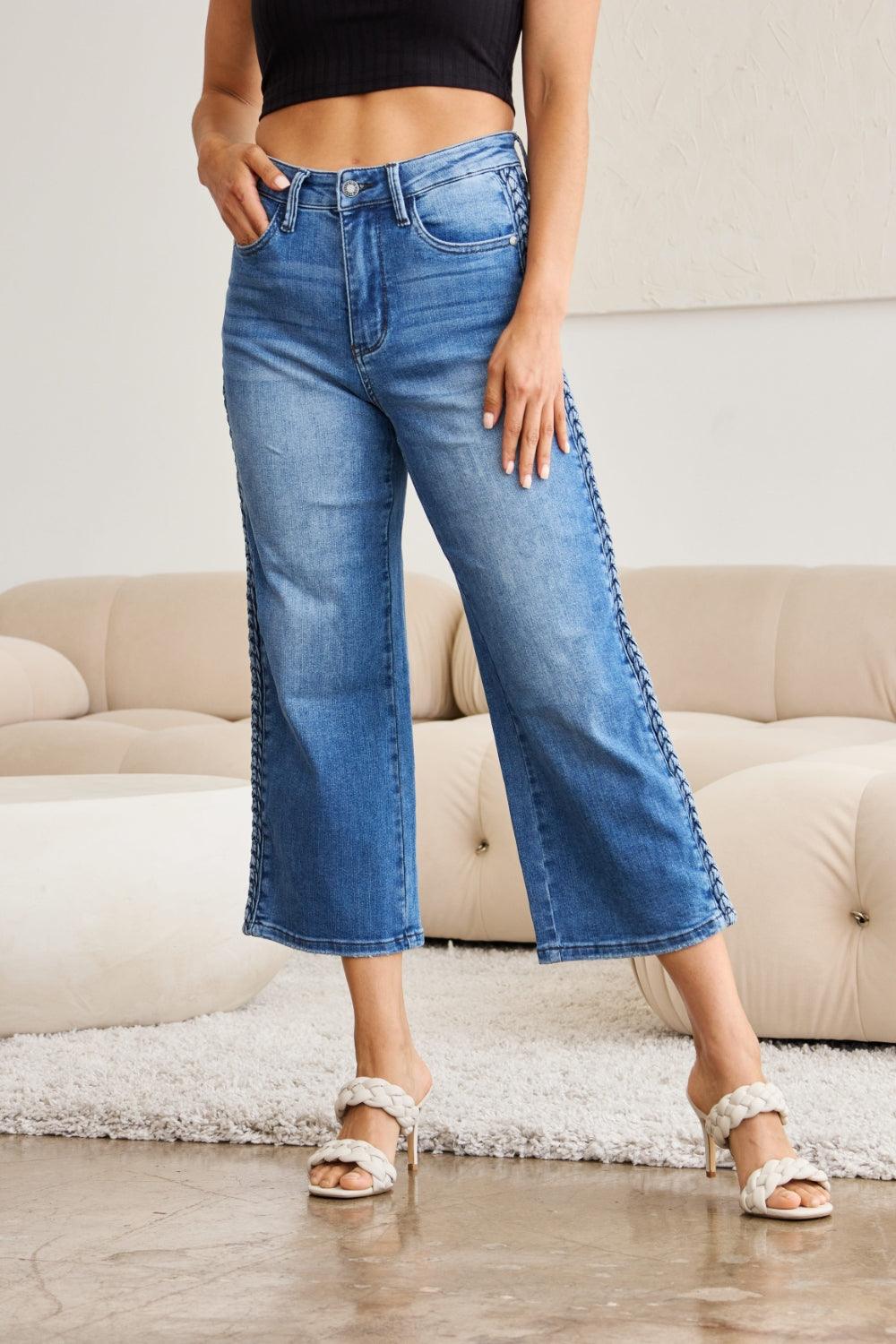 Judy Blue Full Size Braid Side Detail Wide Leg Jeans - Hatuti