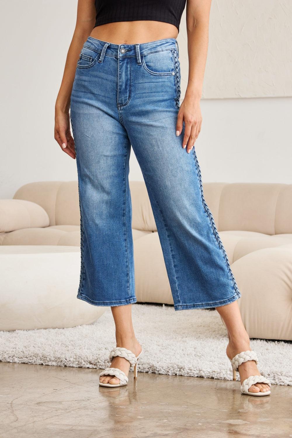 Judy Blue Full Size Braid Side Detail Wide Leg Jeans - Hatuti