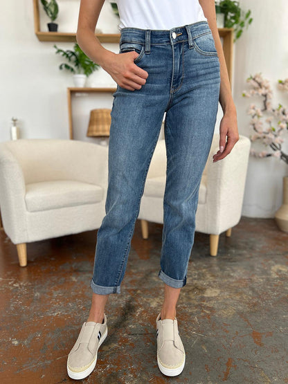 Judy Blue Full Size Cuffed Hem Low Waist Slim Jeans - Hatuti