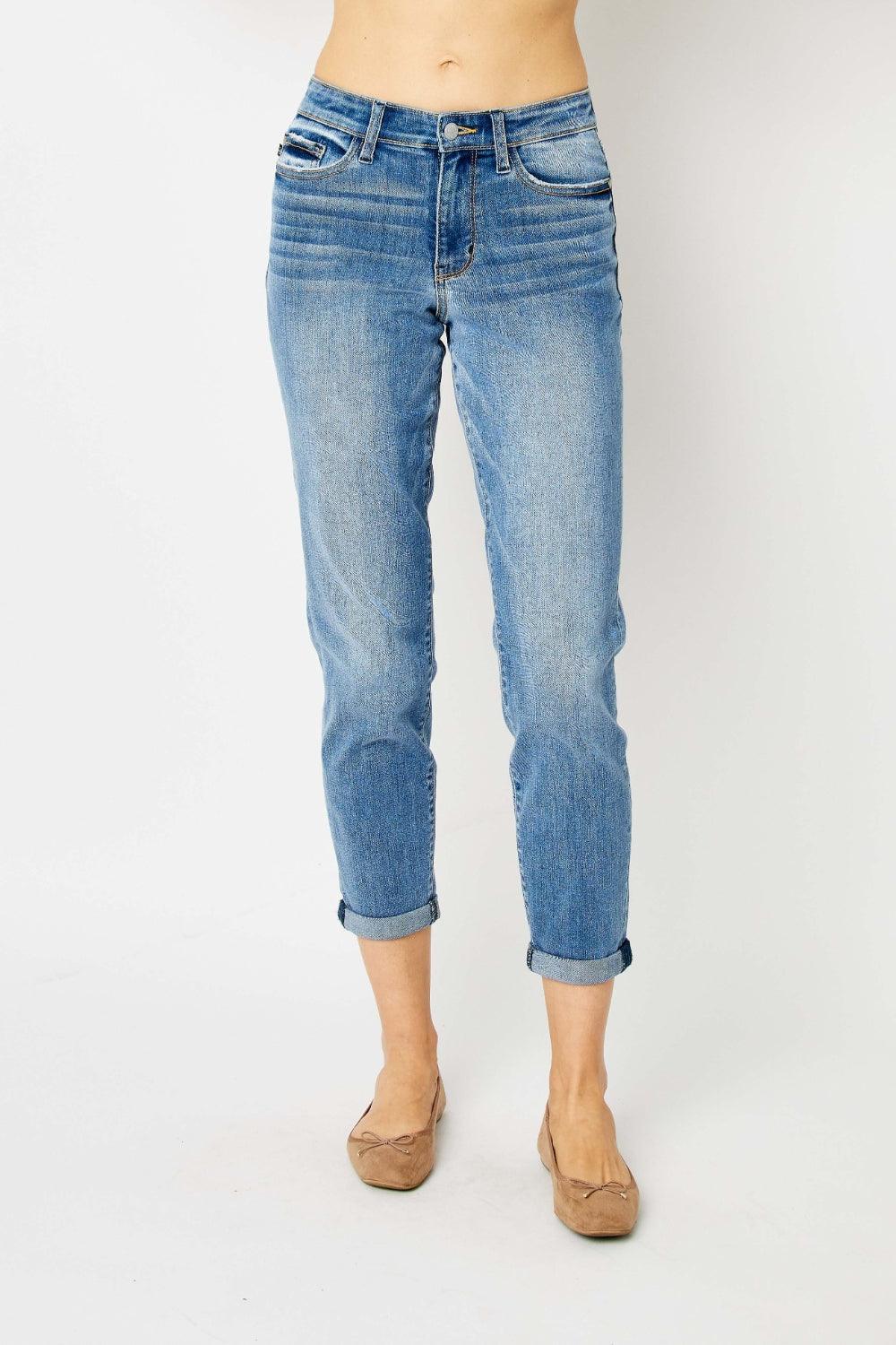 Judy Blue Full Size Cuffed Hem Low Waist Slim Jeans - Hatuti