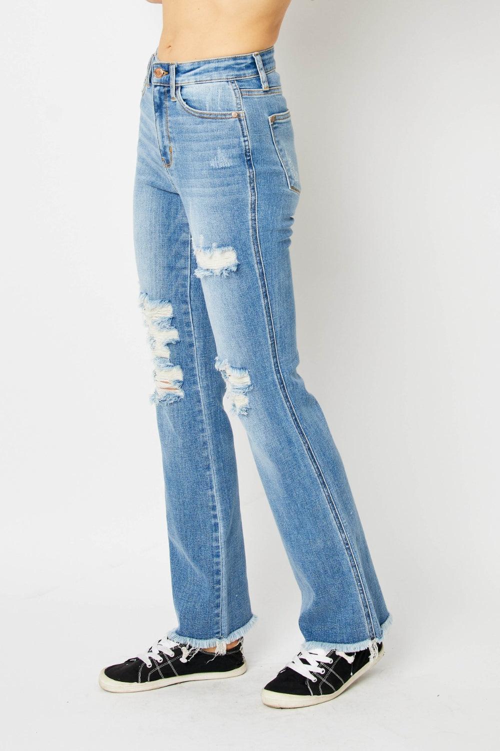 Judy Blue Full Size Distressed Raw Hem Bootcut Jeans - Hatuti