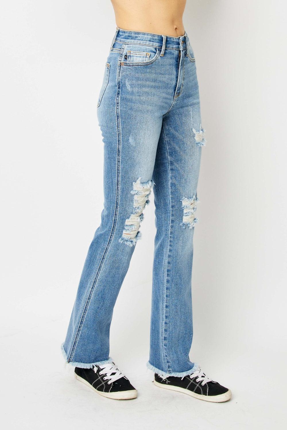 Judy Blue Full Size Distressed Raw Hem Bootcut Jeans - Hatuti