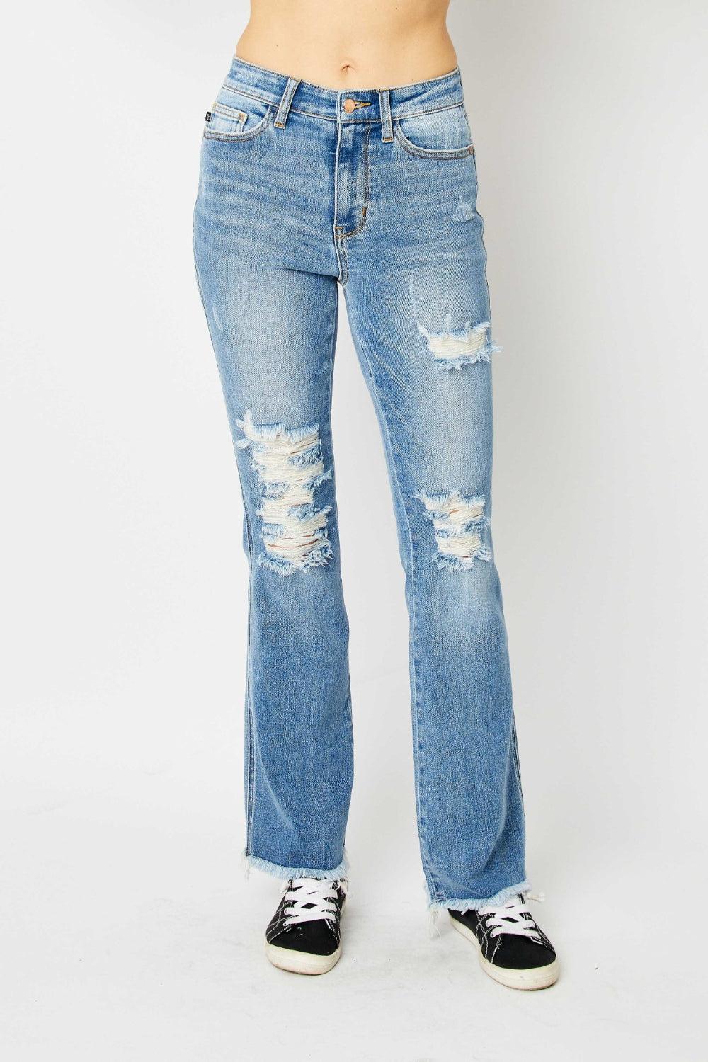 Judy Blue Full Size Distressed Raw Hem Bootcut Jeans - Hatuti