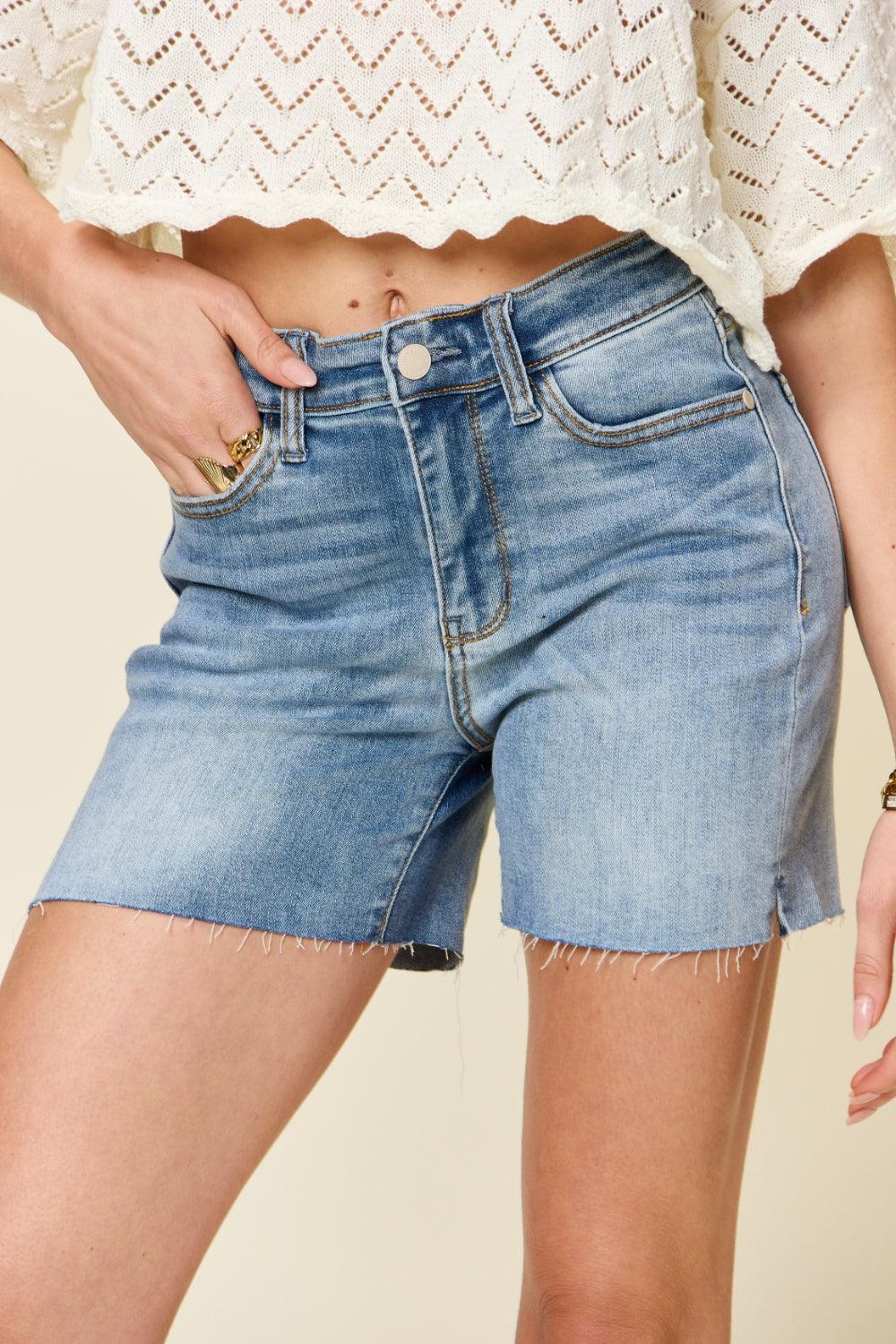 Judy Blue Full Size High Waist Raw Hem Denim Shorts - Hatuti