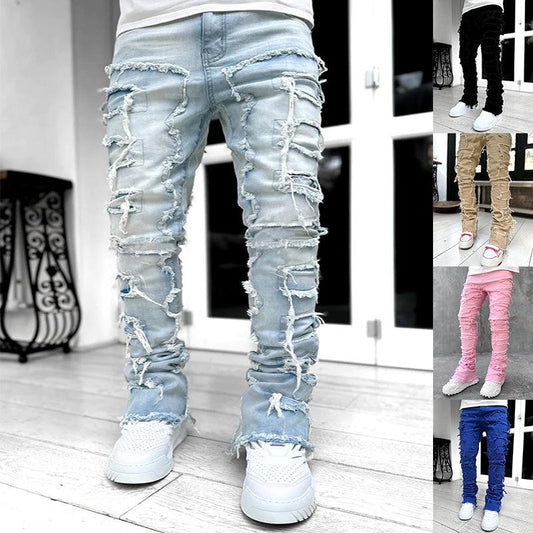 Men Trousers Individual Patched Pants Long Tight Fit Stacked Jeans For Mens Clothing - Hatuti