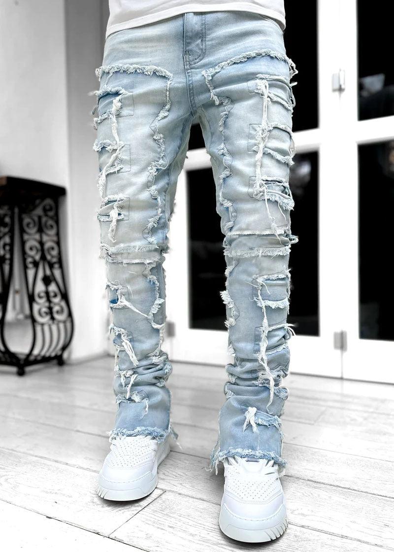 Men Trousers Individual Patched Pants Long Tight Fit Stacked Jeans For Mens Clothing - Hatuti