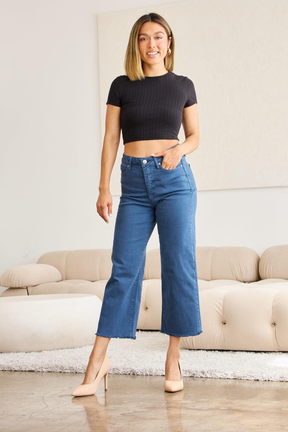 RFM Crop Chloe Full Size Tummy Control High Waist Raw Hem Jeans - Hatuti