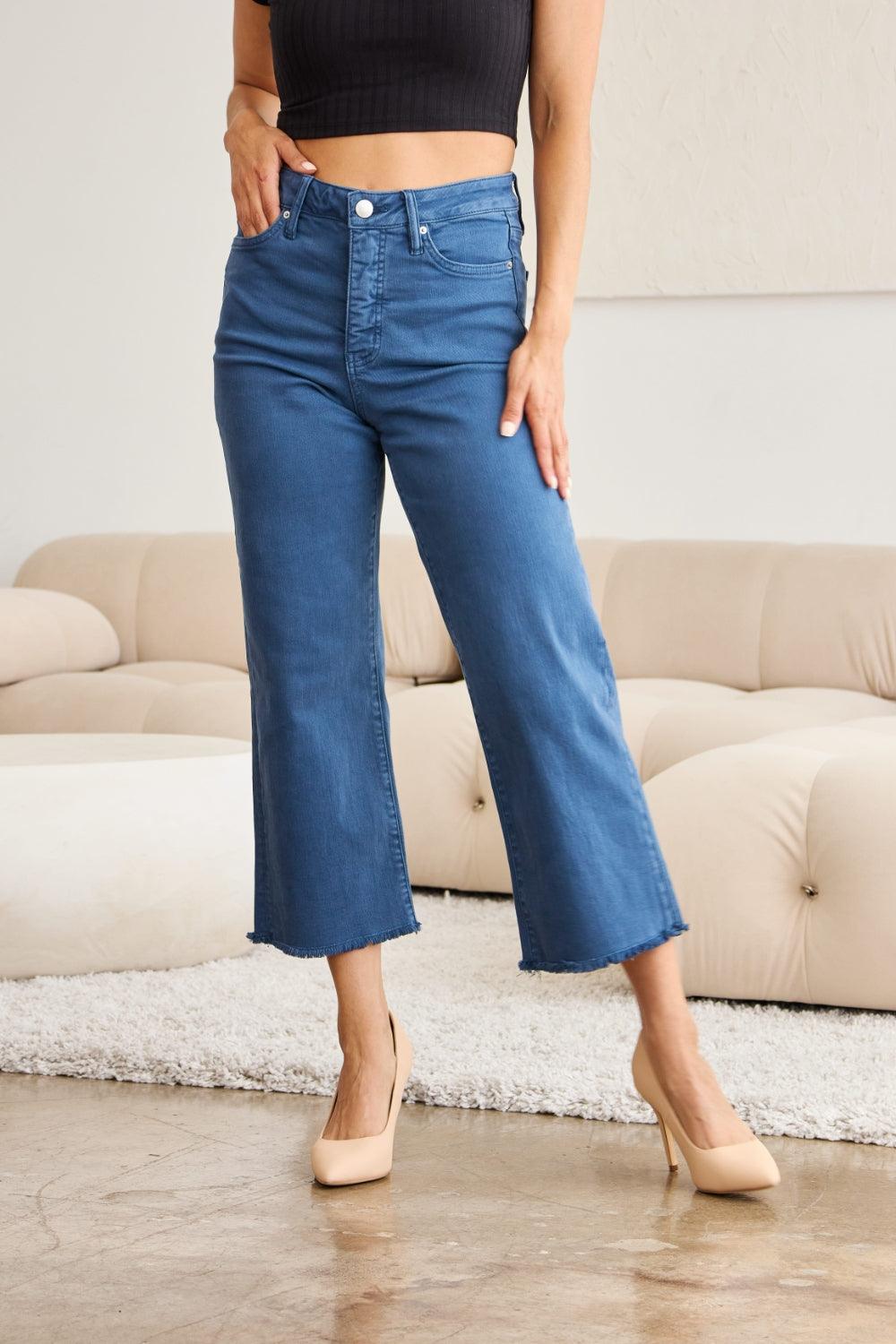 RFM Crop Chloe Full Size Tummy Control High Waist Raw Hem Jeans - Hatuti