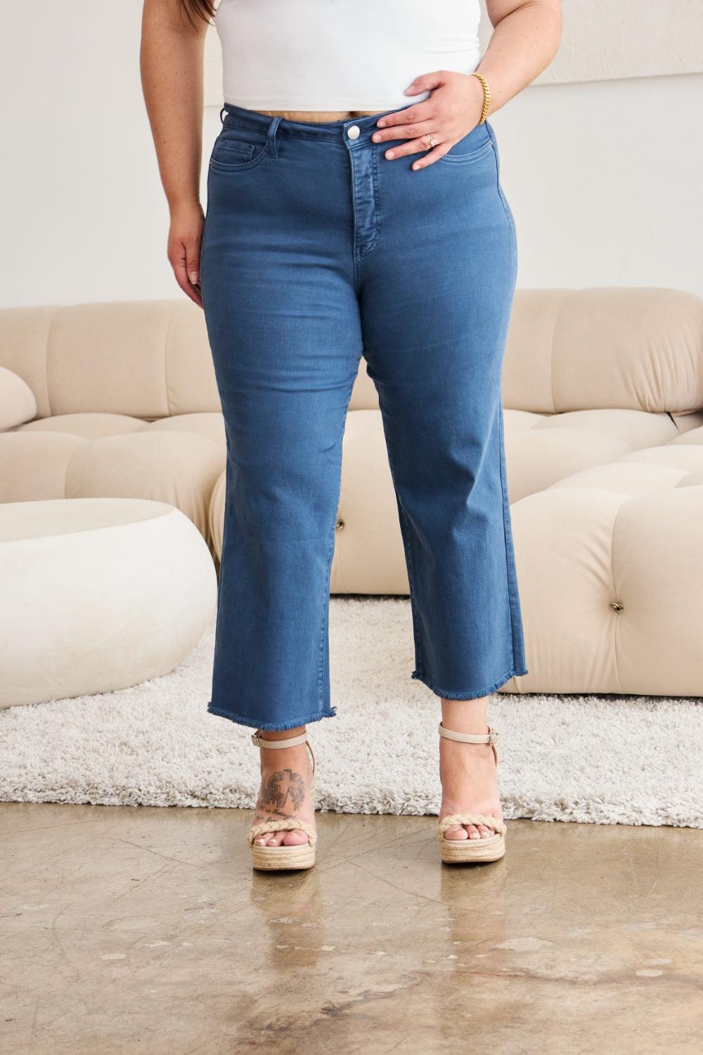 RFM Crop Chloe Full Size Tummy Control High Waist Raw Hem Jeans - Hatuti