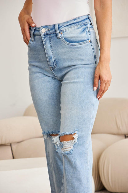 RFM Full Size Tummy Control High Waist Raw Hem Distressed Jeans - Hatuti