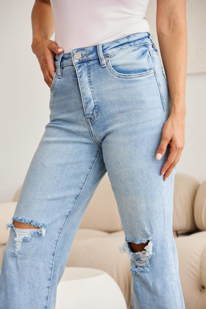 RFM Full Size Tummy Control High Waist Raw Hem Distressed Jeans - Hatuti