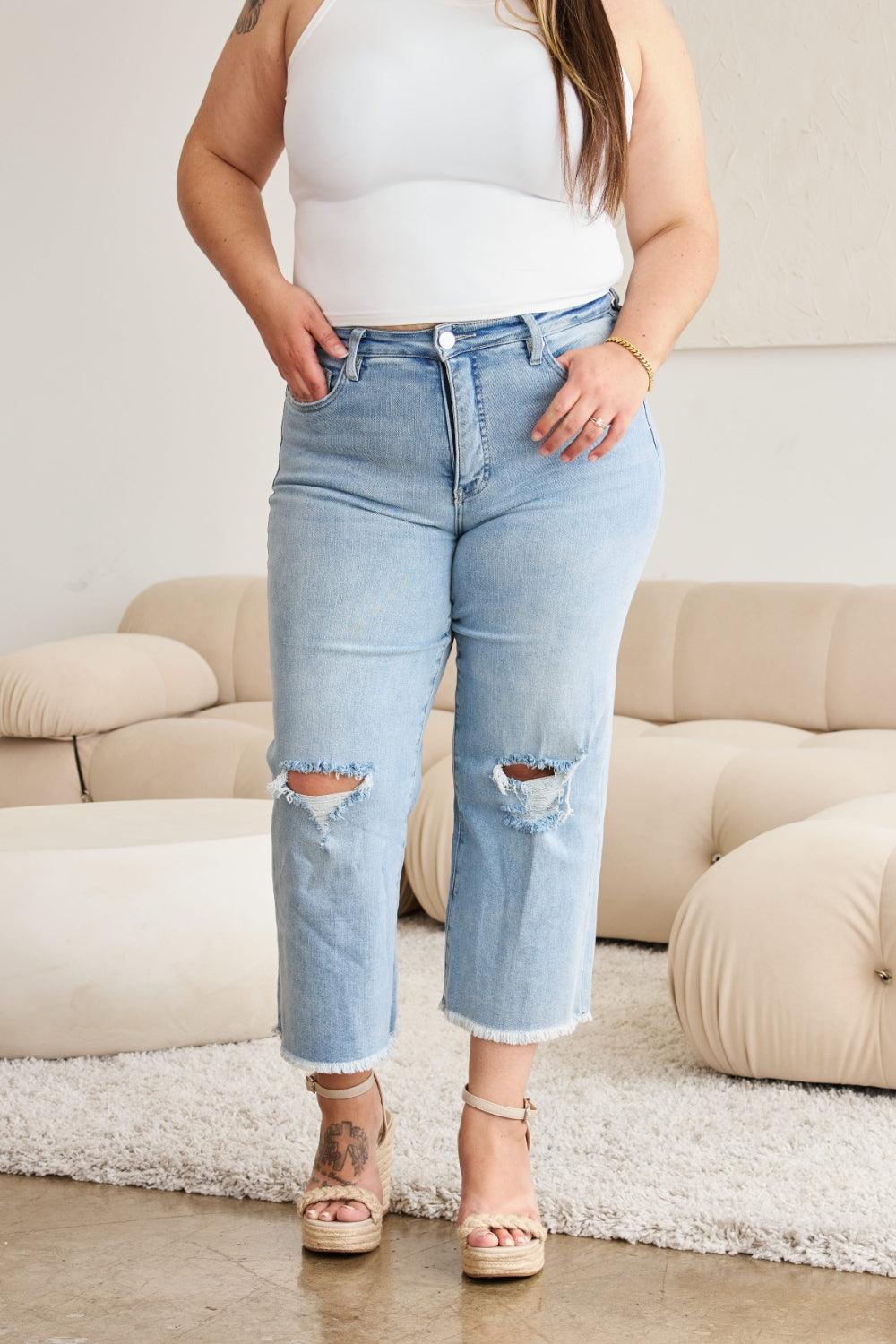 RFM Full Size Tummy Control High Waist Raw Hem Distressed Jeans - Hatuti