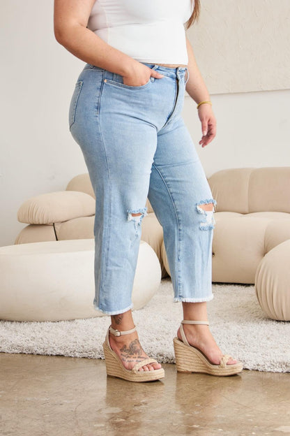 RFM Full Size Tummy Control High Waist Raw Hem Distressed Jeans - Hatuti