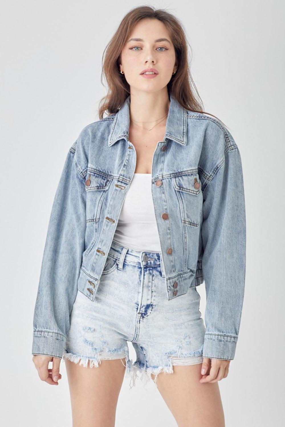 RISEN Full Size Button Down Cropped Denim Jacket - Hatuti