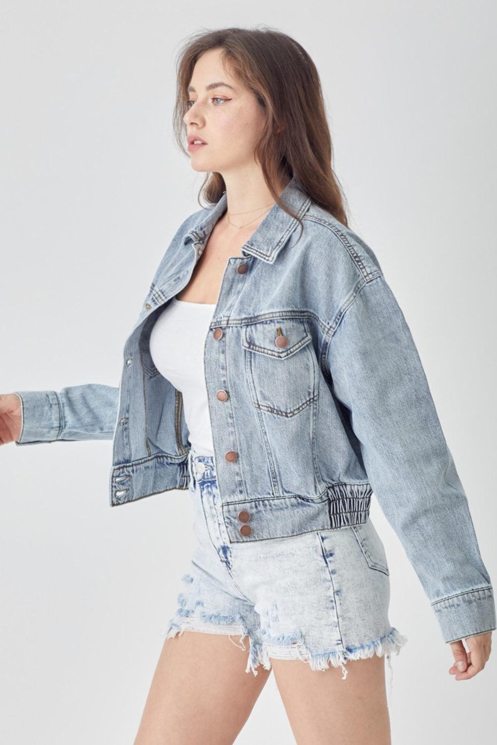 RISEN Full Size Button Down Cropped Denim Jacket - Hatuti