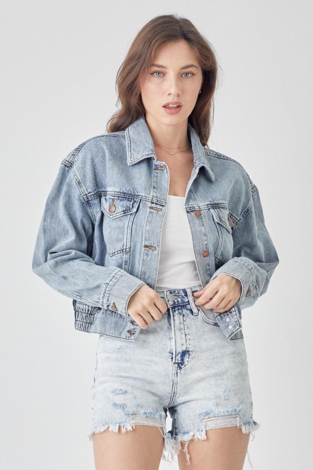 RISEN Full Size Button Down Cropped Denim Jacket - Hatuti