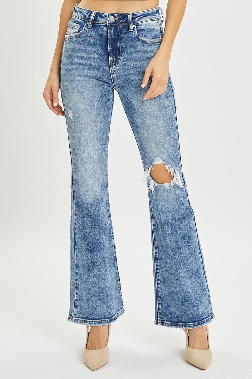 RISEN Full Size High Rise Distressed Flare Jeans - Hatuti