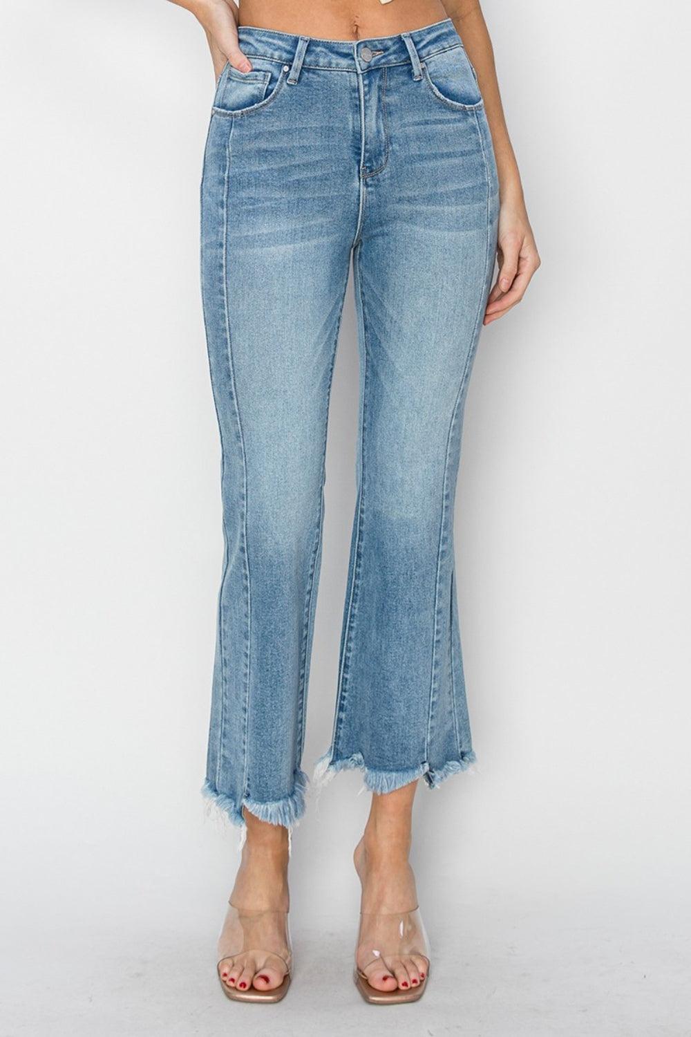 RISEN Full Size High Rise Frayed Hem Flare Jeans - Hatuti