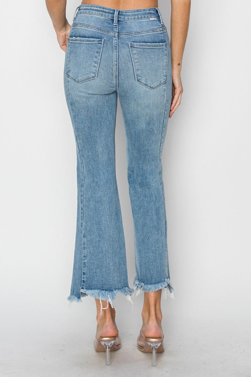 RISEN Full Size High Rise Frayed Hem Flare Jeans - Hatuti