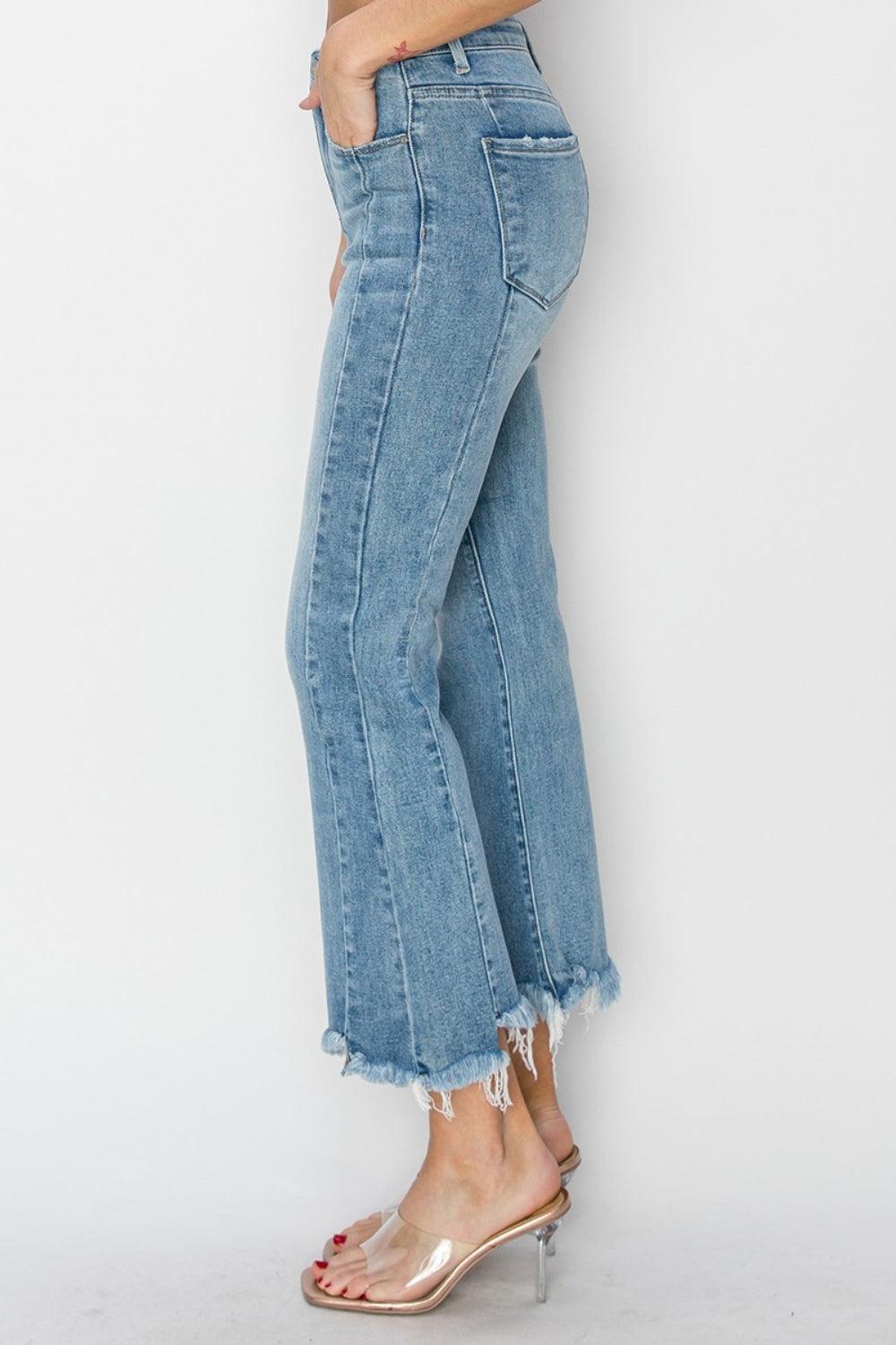 RISEN Full Size High Rise Frayed Hem Flare Jeans - Hatuti