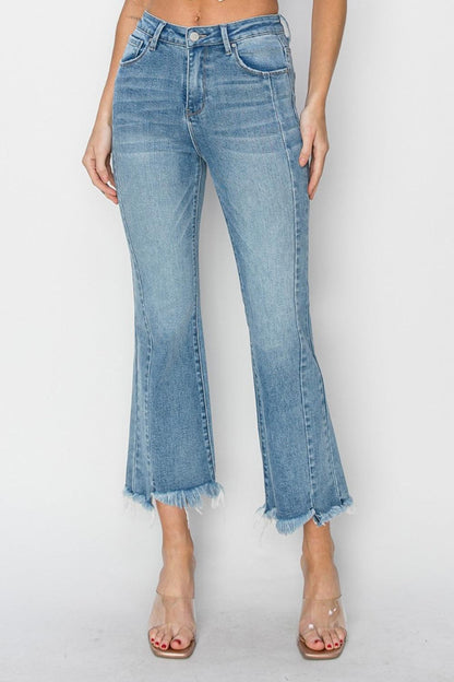 RISEN Full Size High Rise Frayed Hem Flare Jeans - Hatuti