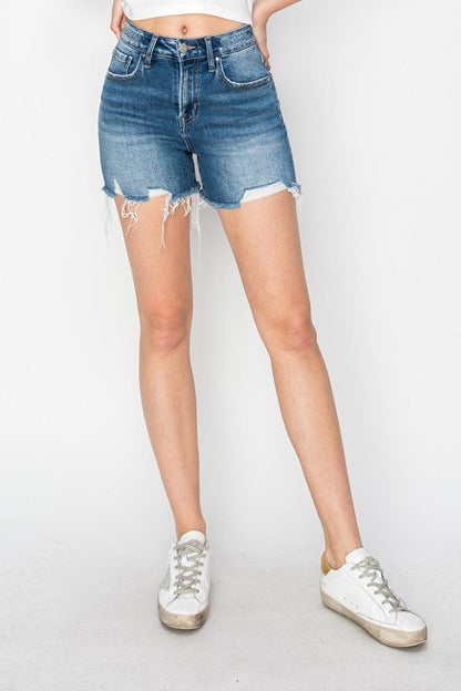 RISEN High Rise Raw Hem Distressed Denim Shorts - Hatuti