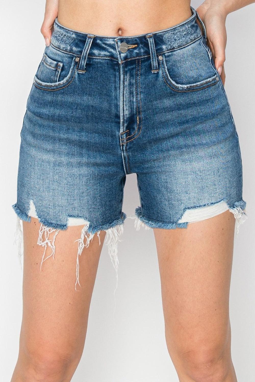 RISEN High Rise Raw Hem Distressed Denim Shorts - Hatuti