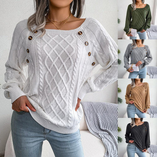 Square Neck Button Fried Dough Twist Knitting Sweater - Hatuti