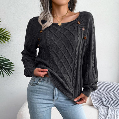 Square Neck Button Fried Dough Twist Knitting Sweater - Hatuti