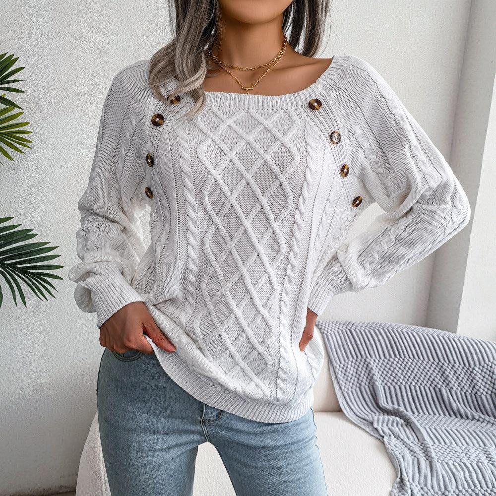 Square Neck Button Fried Dough Twist Knitting Sweater - Hatuti